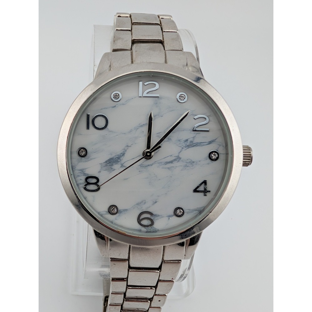 Women's Quartz Watch‎ 38mm Case Faux Marble Dial 7" Silver Band- New Battery